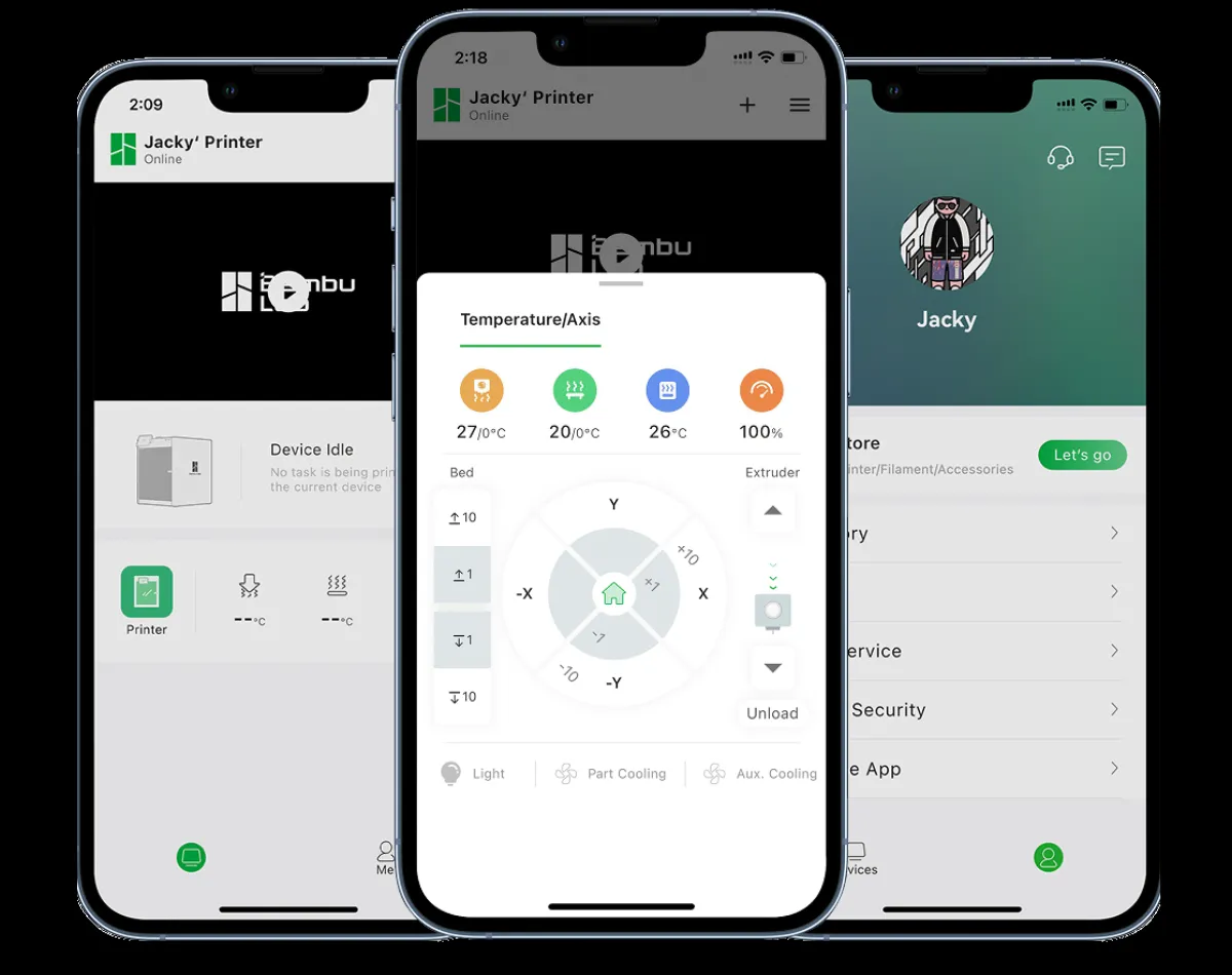 Bambu Handy telefon uygulaması ekranları