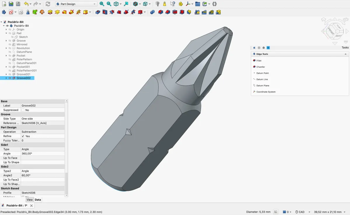FreeCAD Part Design ile tasarlanmış bir uç parça