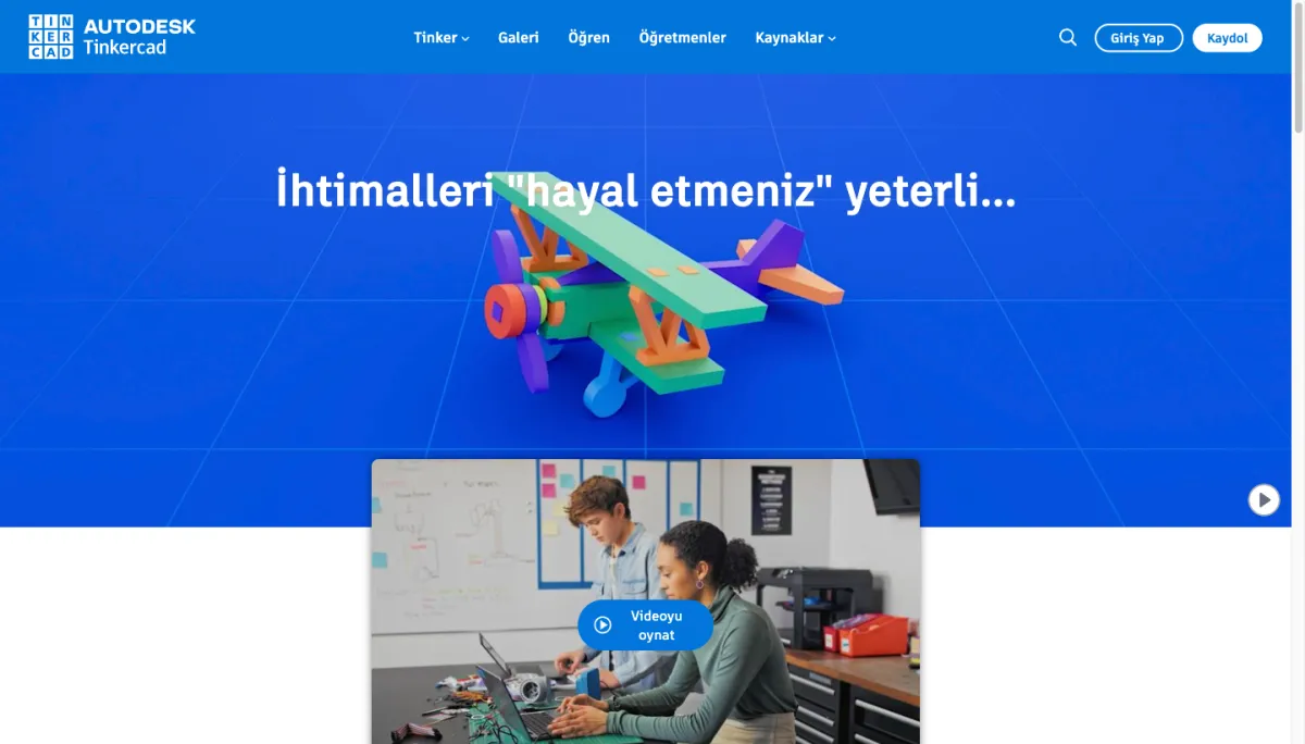 Tinkercad Türkçe ana sayfası