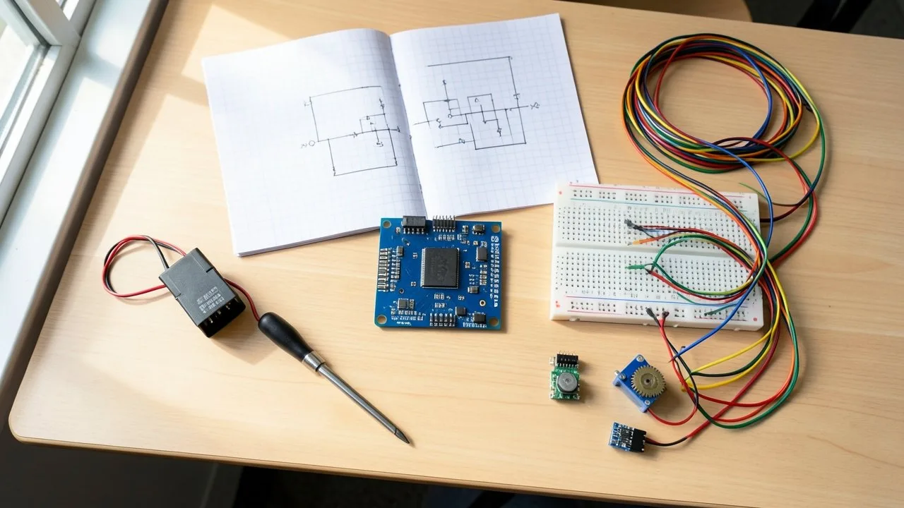 Okul sırasında Arduino uyumlu geliştirme kartı, breadboard, jumper kablolar, sensör modülleri ve devre çizimi yapılmış kareli defter