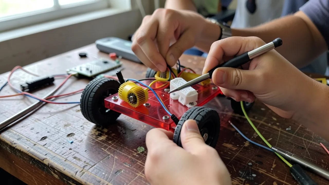 Öğrenci elleri kırmızı şasili iki tekerlekli eğitim robotunun motor ve kablo bağlantılarını takıyor