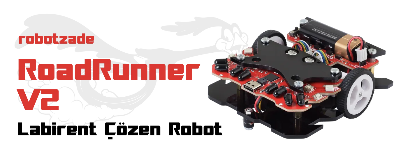RoadRunner V2 labirent çözen robot, kırmızı PCB gövde ve 9V pil yuvası
