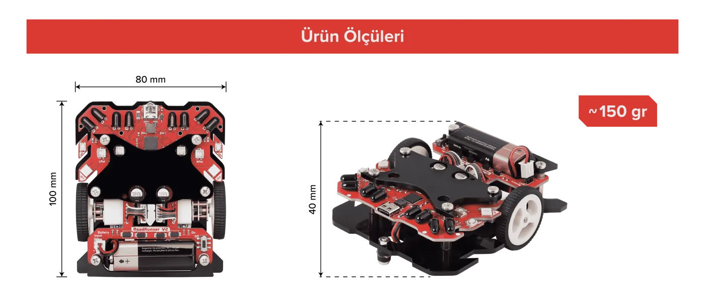 RoadRunner V2 ölçüleri: 80 mm genişlik, 100 mm uzunluk, 40 mm yükseklik, yaklaşık 150 gram