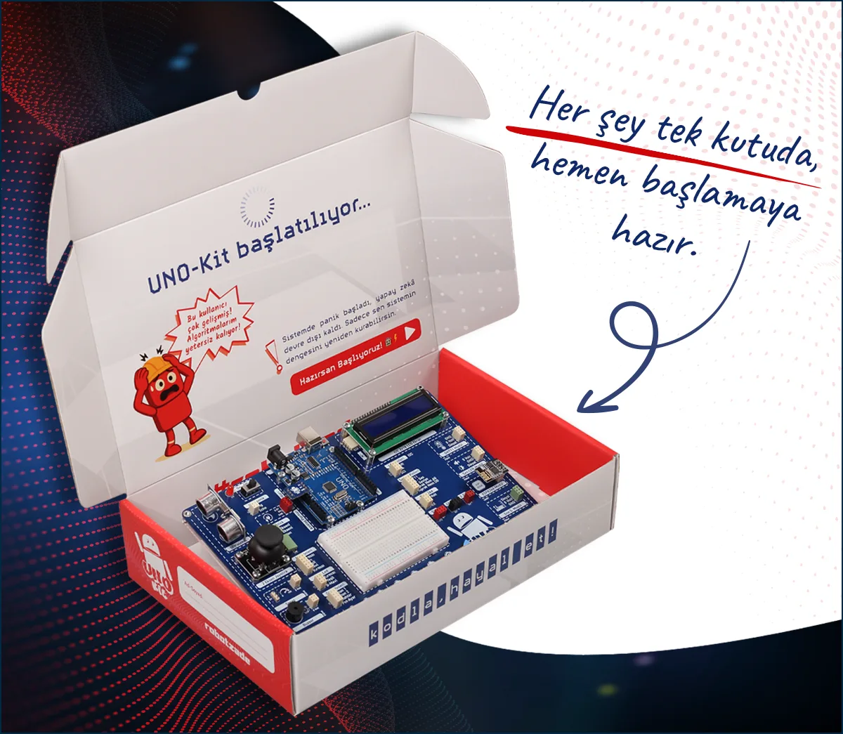 Açık UNOKit kutusu içinde monteli robotik kodlama kartı: her şey tek kutuda, hemen başlamaya hazır