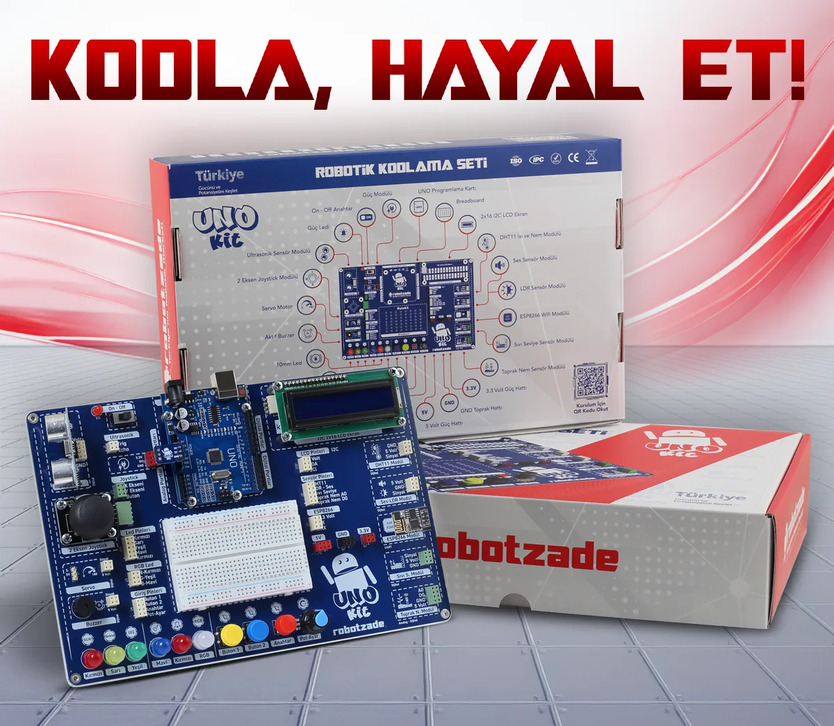 UNOKit robotik kodlama kartı monteli halde, arkasında bileşenleri gösteren set kutusu