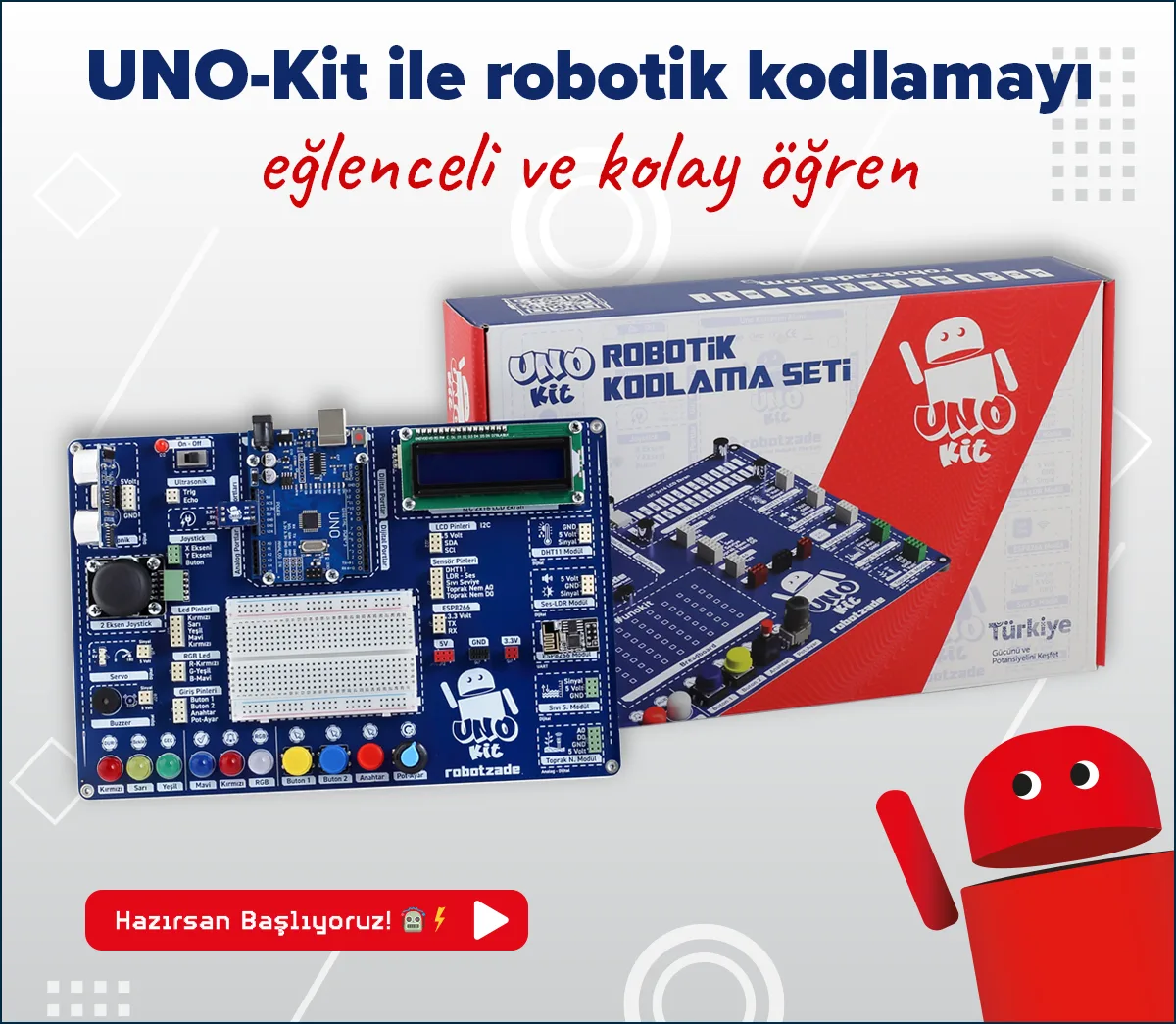 UNOKit ile robotik kodlamayı eğlenceli ve kolay öğren: Arduino Uno, LCD ekran ve breadboard takılı kart ile kutusu